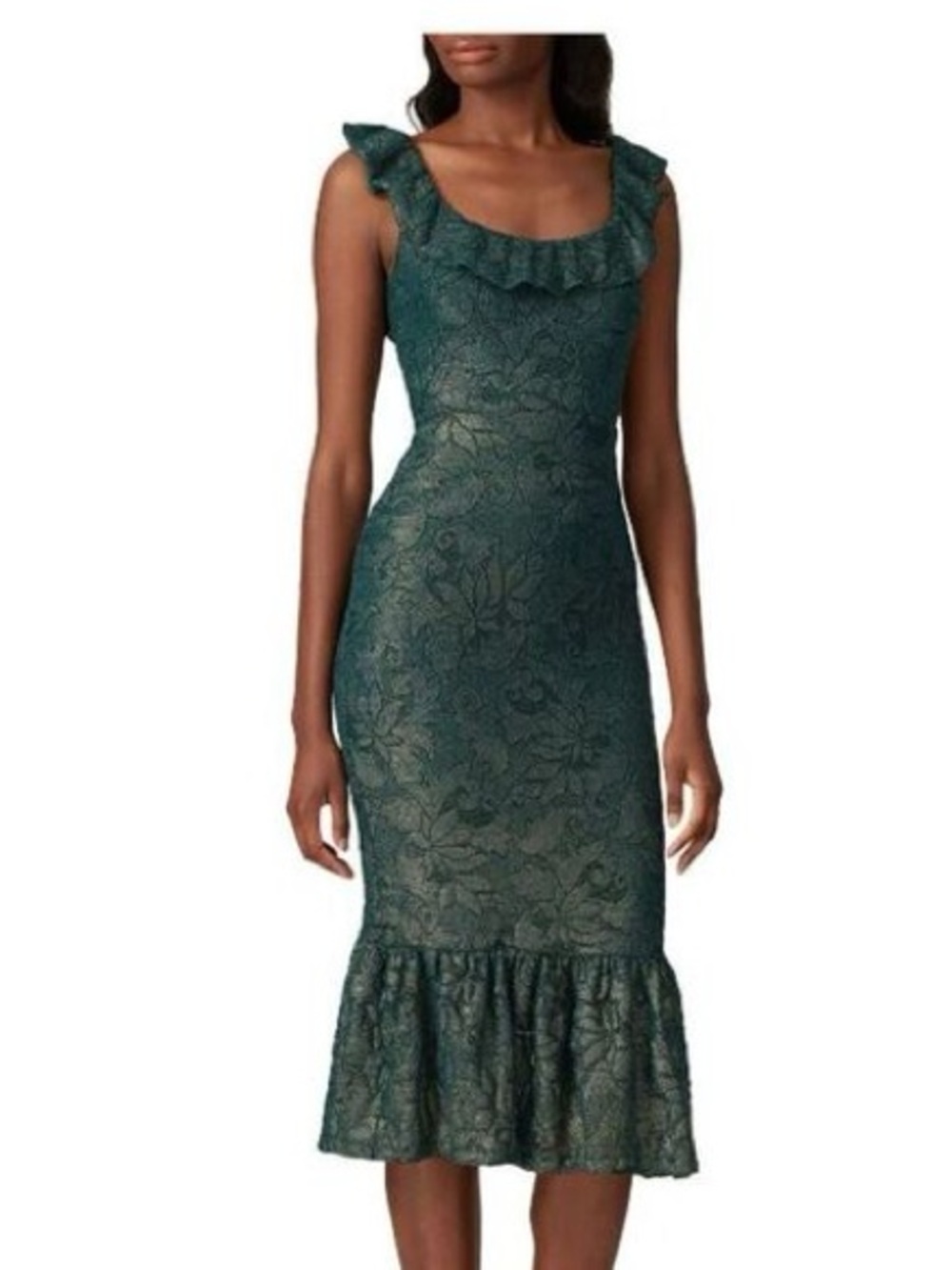 Nightcap Fleur Lace Whimsigoth Flutter Midi Dress XS Green Metallic Ruffle EUC